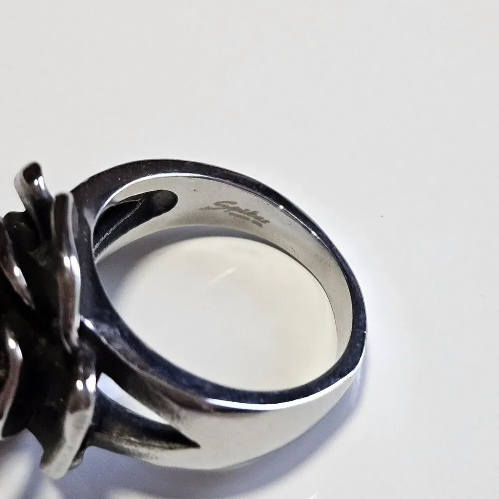 Spikes Stainless Steel Floral Rose Ring Size 8 Silver Tone Three Dimensional
